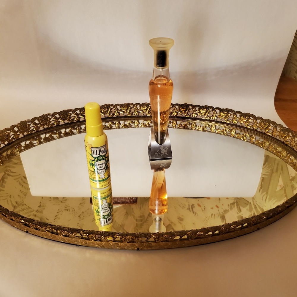 VINTAGE Decorative Oval Mirrored Tray with floral gold metal frame